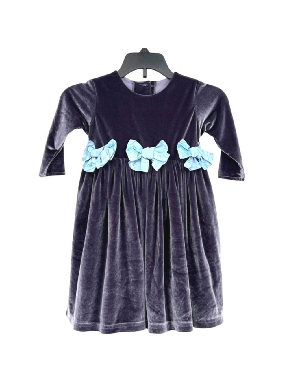 Mademoiselle Charlotte Velvet Gray Dress Blue Bow Accents Long Sleeves Size 2T